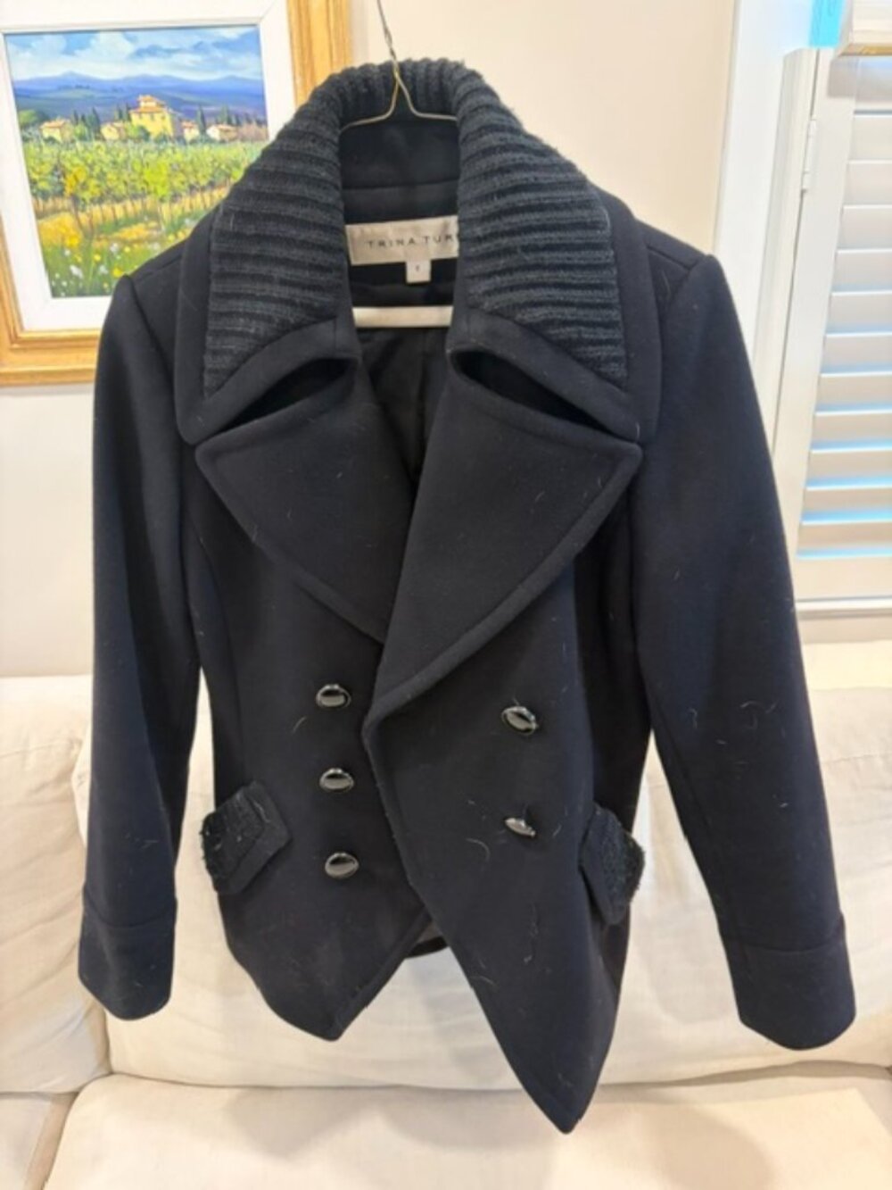 Trina Turk black double-breasted wool pea coat